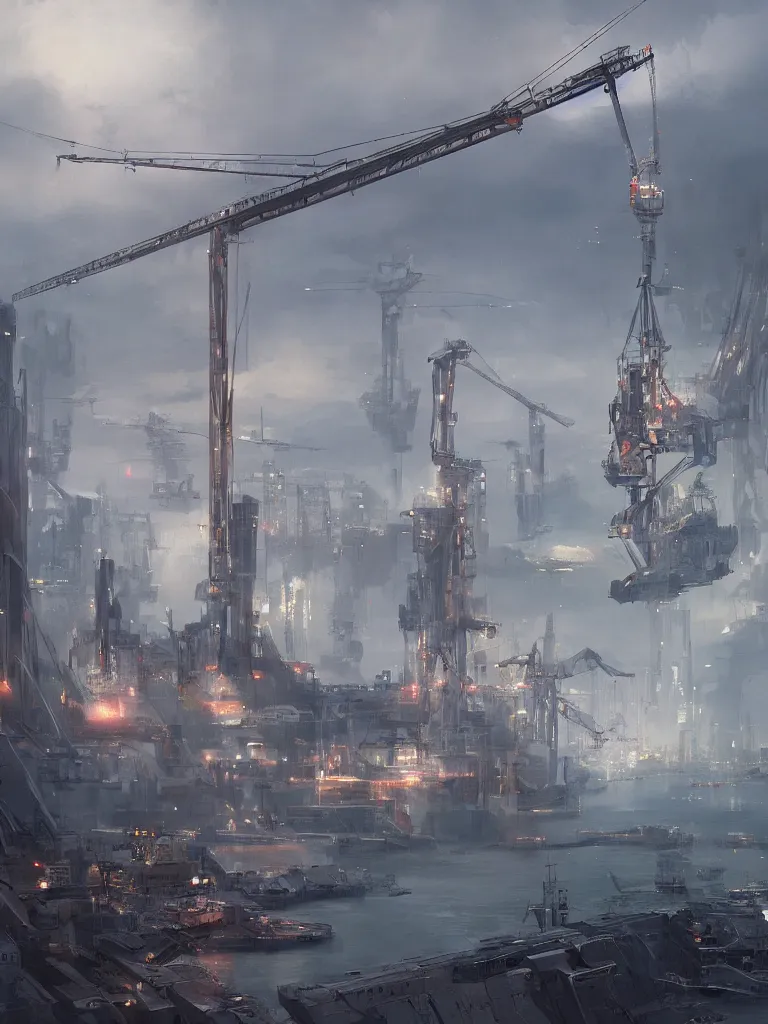 Image similar to a science fiction harbour, gigantic crane, james paick, trending on artstation