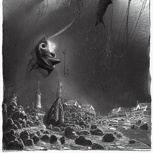 Image similar to Innsmouth, Shadow over Innsmouth, fish in a tuxedo, H.P. Lovecraft, dark clouds, dark, eerie, dystopian, city, eldritch, illustration by Gustave Doré