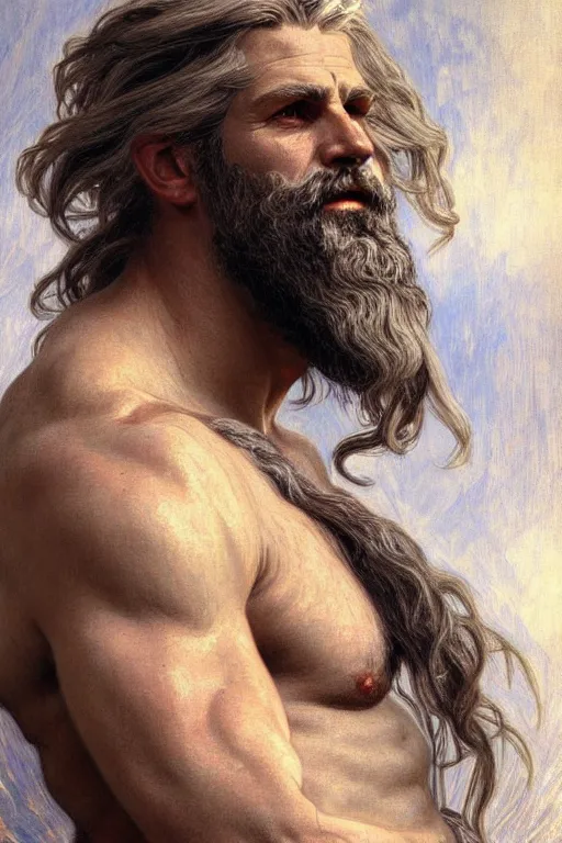 Image similar to painted portrait of rugged zeus, god of thunder, greek god, white hair, masculine, mature, handsome, upper body, muscular, hairy torso, fantasy, intricate, elegant, highly detailed, digital painting, artstation, concept art, smooth, sharp focus, illustration, art by gaston bussiere and alphonse mucha