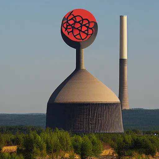 Prompt: A power plant cooling tower with an atom logo, in the style of Charley Harper