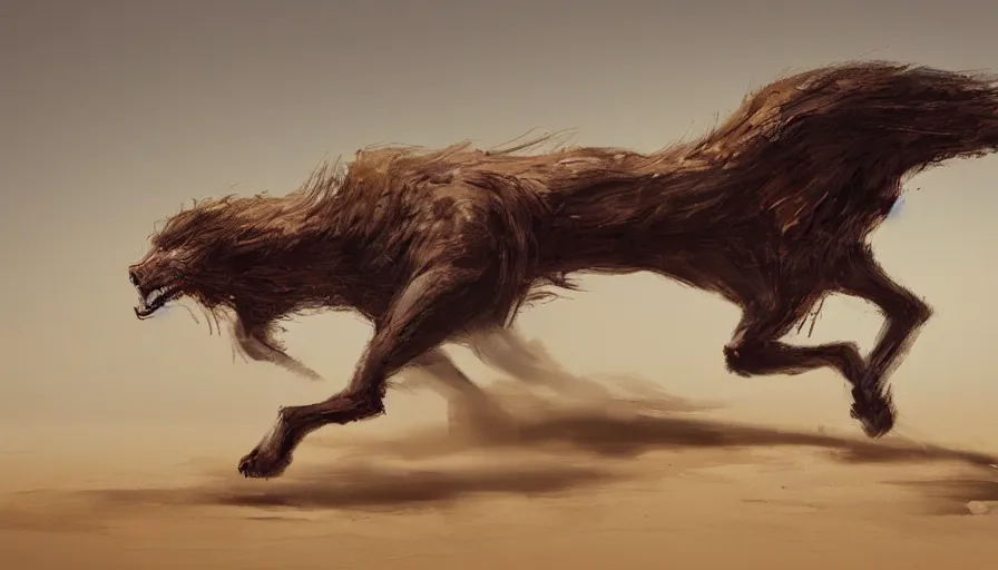 Image similar to concept art of beast running across the open desert by jama jurabaev, trending on artstation, high quality, brush stroke