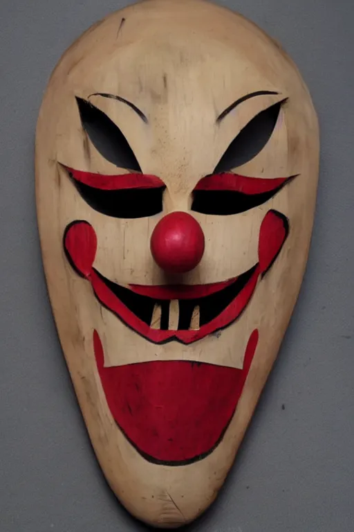 Prompt: wooden clown mask with fangs