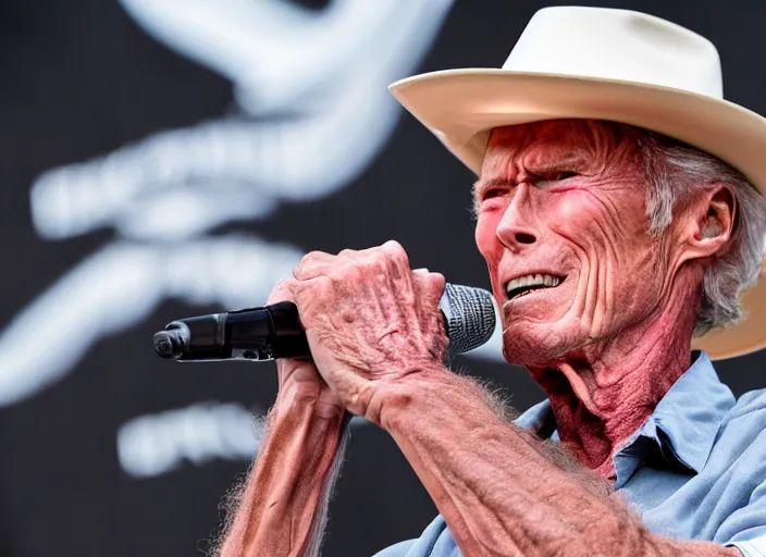 Image similar to photo still of clint eastwood on stage at vans warped tour!!!!!!!! at age 6 8 years old 6 8 years of age!!!!!!!! in a gran torino, 8 k, 8 5 mm f 1. 8, studio lighting, rim light, right side key light