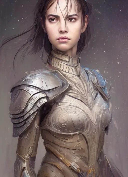 Image similar to a professional portrait of a beautiful young female, clothed in ethereal battle armor, olive skin, long dark hair, beautiful bone structure, symmetrical facial features, intricate, elegant, digital painting, concept art, smooth, sharp focus, finely detailed, illustration, from Valerian and the City of a Thousand Planets, in the style of Ruan Jia and Mandy Jurgens and Artgerm and Greg Rutkowski and William-Adolphe Bouguerea