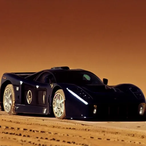 Image similar to a man wearing a hazmat suit, standing on top of a saleen s 7, in the desert, film still, panaflex panavision