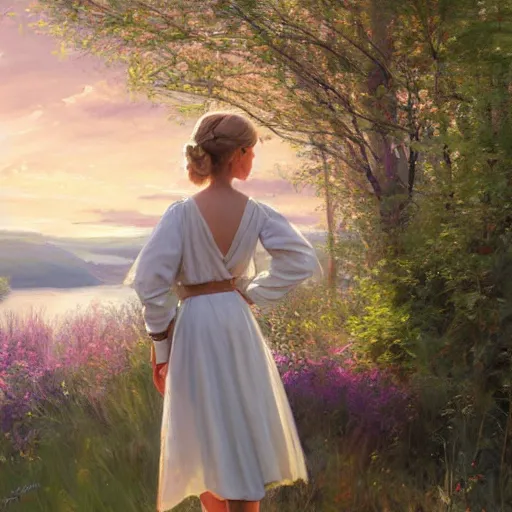 Image similar to blonde Princess Leia, Swedish countryside, landscape view, archipelago, painting by Vladimir Volegov, wlop, artstation