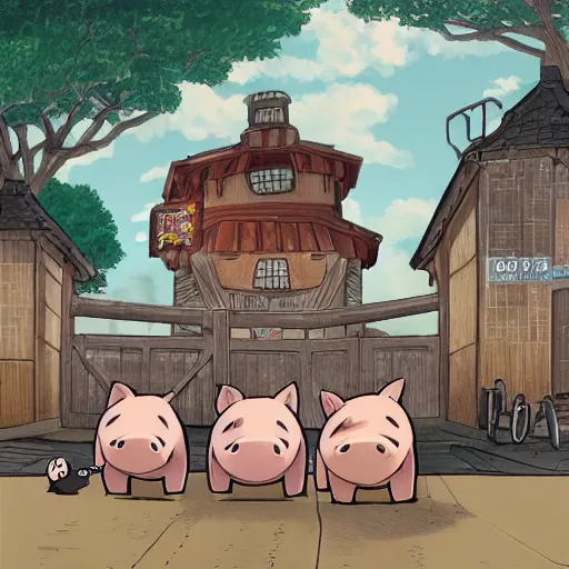 Image similar to Fall of capitalism, pigs with jackets, ghibli studio style, anime style