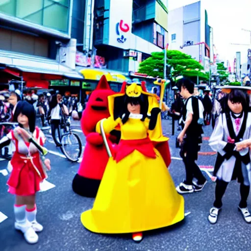 Prompt: Google map street view image of cosplay event on street in Tokyo Japan, Akihabara