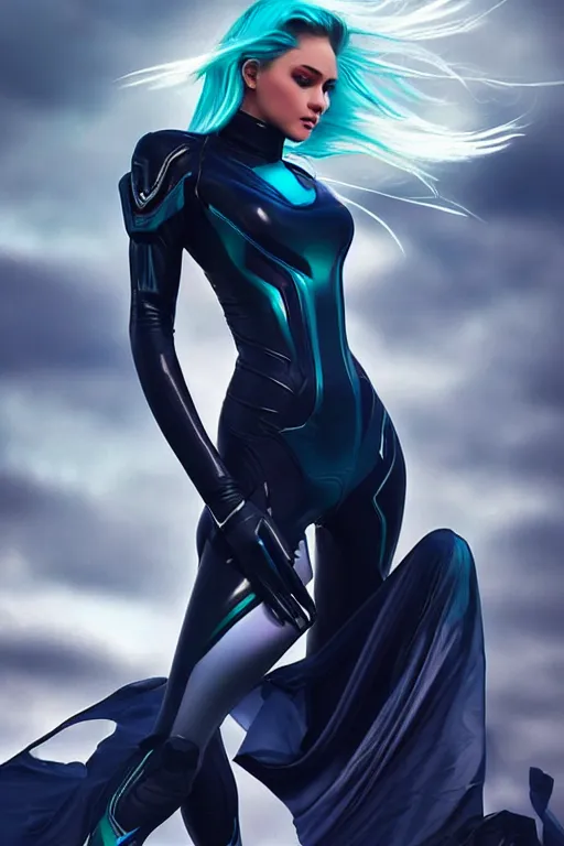 Image similar to a stunning picture of a beautiful young woman wearing futuristic deep black battle bodyarmor and leggings with ombre navy blue teal hairstyle blowing in the wind by marvel comics, digital art, trending on artstation
