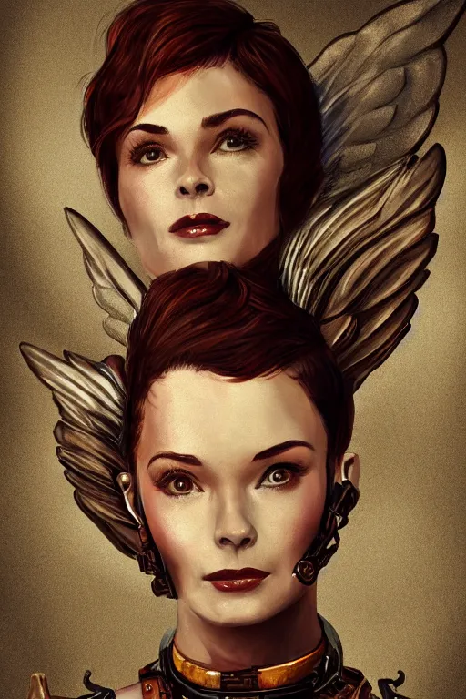 Prompt: Hepburn has a steampunk body and angel wings, vertical portrait, symmetrical face, f1.8, 50mm, vibrant light leaks, trending on artstation.