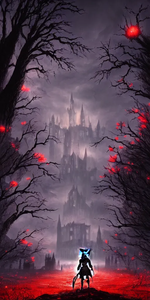 Image similar to abandoned bloodborne old valley with a person at the centre and a ruined gothic castle at the end, trees and stars in the background, falling red petals, epic red - orange moonlight, perfect lightning, wallpaper illustration by niko delort and kentaro miura, 4 k, ultra realistic