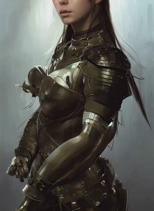 Image similar to a professional painting of a beautiful young female, clothed in military armor, olive skin, long dark hair, beautiful bone structure, symmetrical facial features, intricate, elegant, digital painting, concept art, smooth, sharp focus, illustration, from Metal Gear, by Ruan Jia and Mandy Jurgens and Artgerm and William-Adolphe Bouguerea