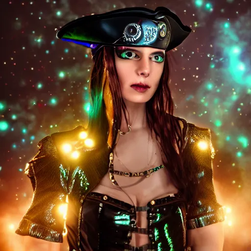 Image similar to pirate woman with iridescent skin, wearing steampunk astronaut clothes, bokeh, 8 k