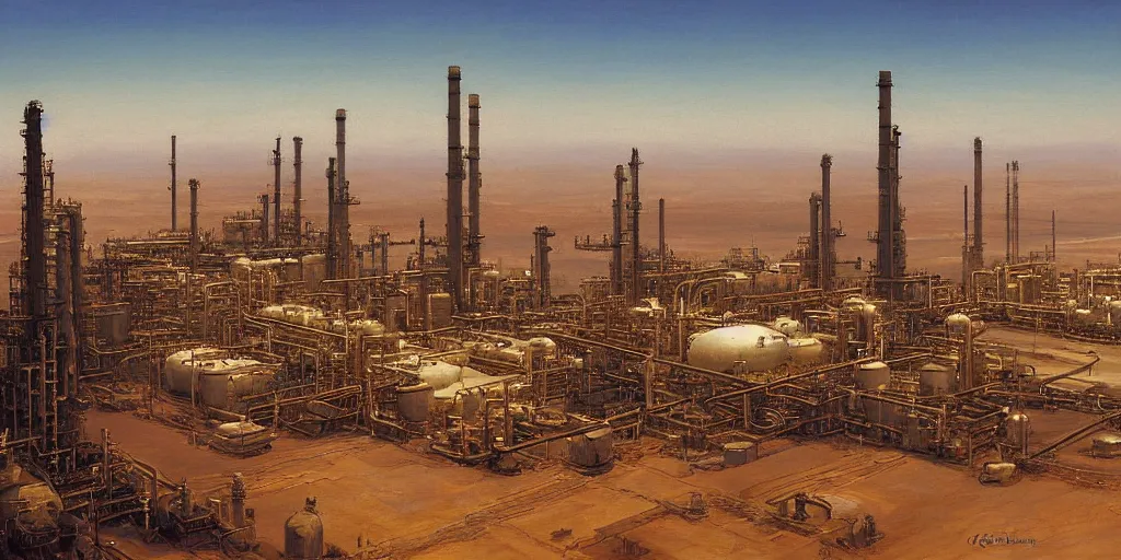 Prompt: detailed cinematic high angle shot of oil refinery power plant in the arabian desert, spring light, painting by gaston bussiere, craig mullins, j. c. leyendecker