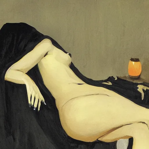 Prompt: grim reaper as a beautiful woman relaxing on the couch, thin black robe, elegant, posing, an ornate scyte is resting off to the side, vintage shading, award winning, by Ilya Repin and Dave McKean, deviant art