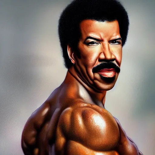 Image similar to Lionel richie with the physique of a body builder, hyper realistic, ultra detailed, cinematic, dynamic lighting, photorealistic, refined, intricate, digital art, digital painting, masterpiece, 8k