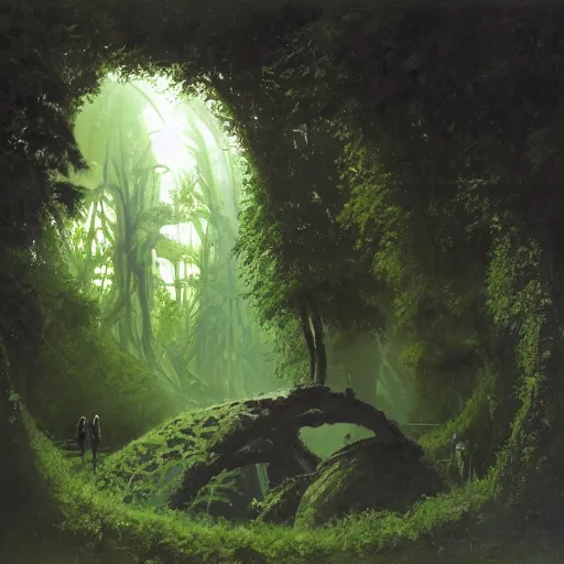 Image similar to portal in a middle of a lush futuristic forest, alien world seen through a portal, person in a cloak standing in front of a portal, syd mead, john harris