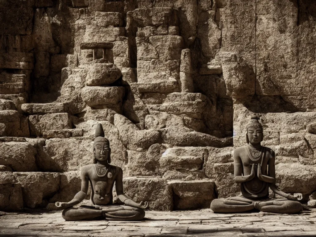 Prompt: a photo real image of an ancient being meditating in a cybernetic temple