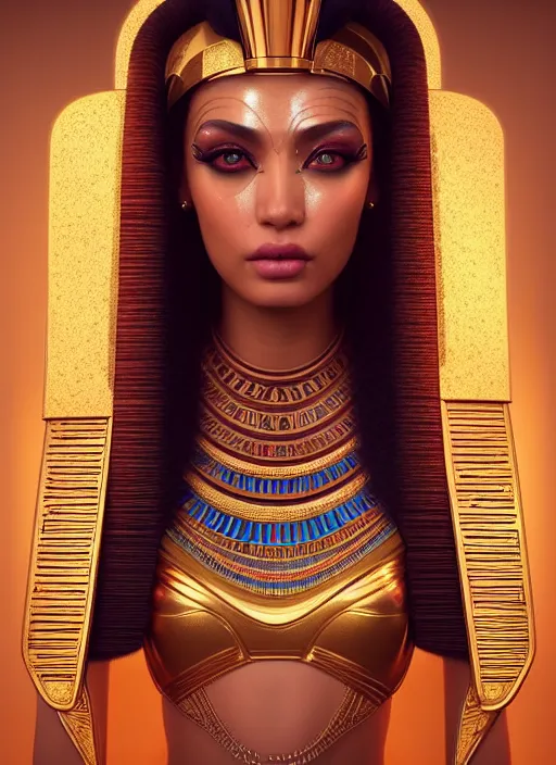 Prompt: portrait of egyptian princess, intricate, technology, sharp focus, octane render, realistic, detailed, beautiful, unreal engine, symmetrical!!, maybelline, sephora, loreal, artstation, art by artgerm, rossdraws, art by karol bak, makeup by pat mcgrath, cinematic, concept art, filmic, vsco