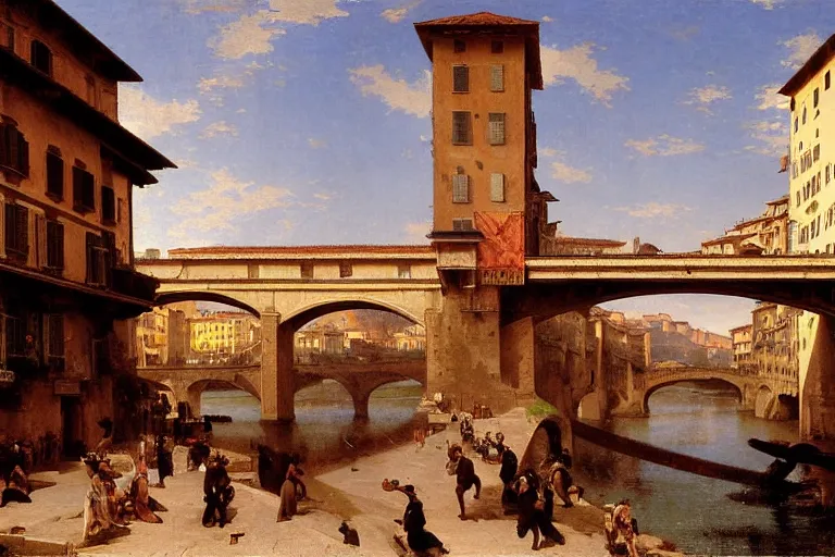 Prompt: ponte vecchio at dawn attacked by a gian steampunk mecha, paint by william - adolphe bouguereau