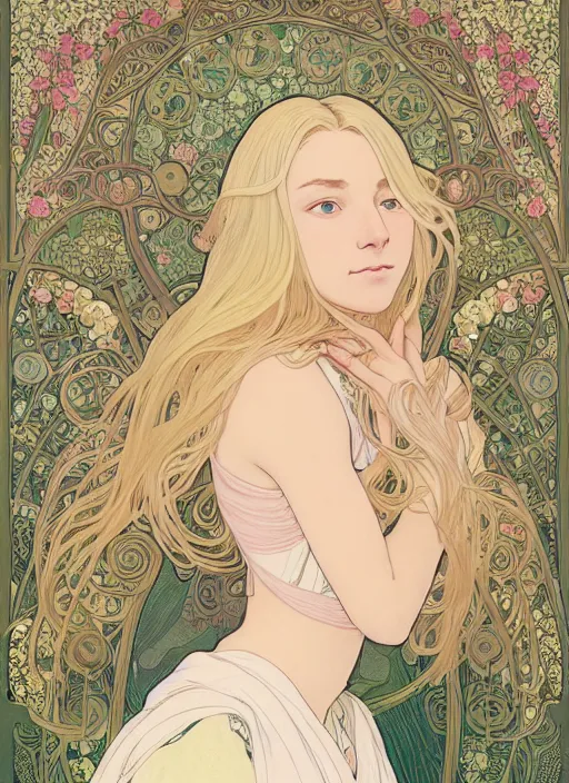 Image similar to pretty young man with shoulder length blond hair, half body shot, emotional, decorative flower patterned background, path traced, highly detailed, high quality, digital painting, by studio ghibli and alphonse mucha, leesha hannigan, hidari, disney, jules bastien - lepage, art nouveau, martine johanna