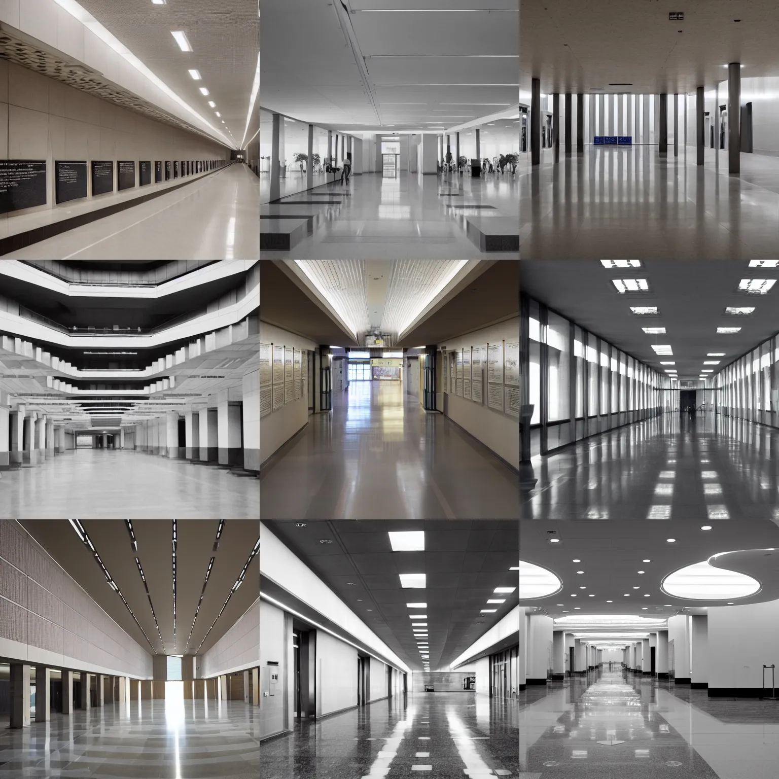 Prompt: interior of a government building with expansive halls, plaques and signs, brutalist architecture
