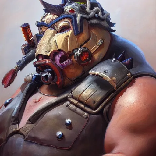 Image similar to detailed portrait of roadhog from overwatch, intricate, hyper detailed, realistic, oil painting, by julie bell, frank frazetta, cinematic lighting