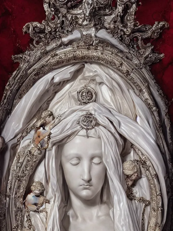 Image similar to a beautiful render of baroque catholic veiled sculpture, the red queen pieta the white queen, with symmetry intricate detailed,by LEdmund Leighton, peter gric,aaron horkey,Billelis,trending on pinterest,hyperreal,jewelry,gold,intricate,maximalist,glittering,golden ratio,cinematic lighting