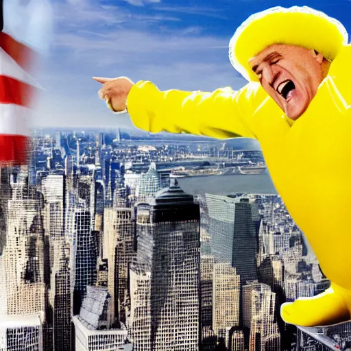 Image similar to a hyper detailed realistic color photograph of Rudy Giuliani laughing maniacally wearing a yellow speedo squatting acting sensually and acting inappropriately on top of the world trade center rubble pile