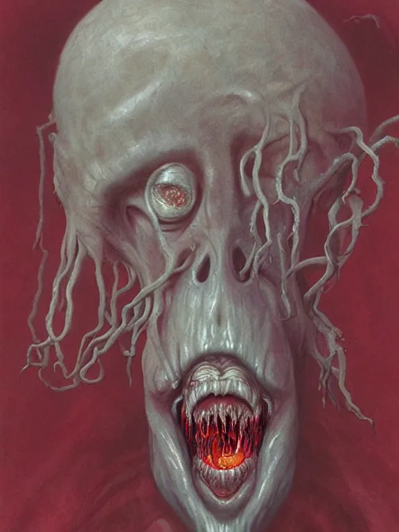 Image similar to painting by wayne barlowe of a flying sorrowful looking human head with tears running down it's eyes, face that is chalk white in color, with long sprawling white tentacles stemming down it's neck, fiery scorching red eyes, flying in a terrying hellish dark cavernous place