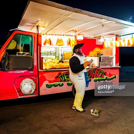 Image similar to obese mexican man showing off tacos de birria next to a food truck in the night, amateur photography with flash,