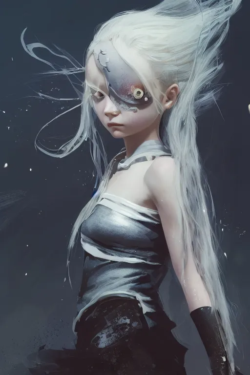 Prompt: highly detailed portrait of a young efle medevial girl with a wavy silver hair, cute freckles, cinematic lighting, dramatic atmosphere, by Dustin Nguyen, Akihiko Yoshida, Greg Tocchini, Greg Rutkowski, Cliff Chiang, 4k resolution, nier:automata inspired, bravely default inspired, magical fairy background