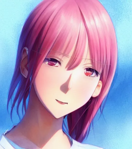 Image similar to frontal portrait of a very very beautiful anime girl with chin length pink hair wearing a white tshirt smiling, artstation, digital drawing, color manga panel, art by range murata shirow masamune and katsuhiro otomo, slightly symmetrical face, highly detailed, sharp focus, soft shadows, watercolor