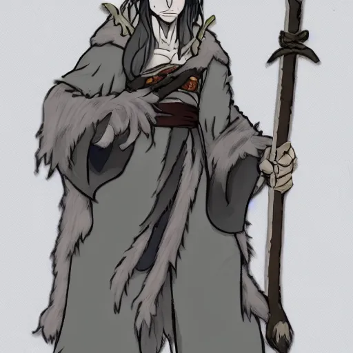 Image similar to A Half-orc Druid wearing a long grey fur robe, holding a wooden staff, anime style