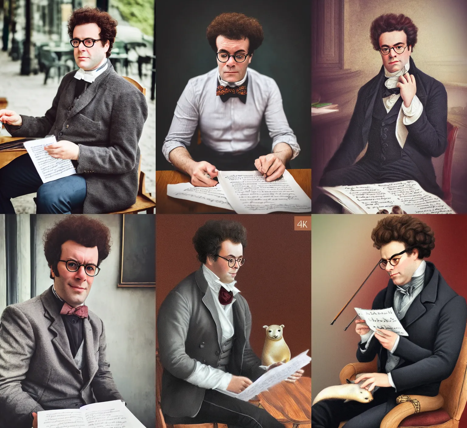 Prompt: professional fine detailed photo portrait of a man resembling franz schubert sitting at the cafe with a seal pup and reading musical sheet, franz schubert look alike, seal pup, rich colors, professional iphone photo, 4 k photo, instagram, realistic photo, detailed photo, very beautiful photo