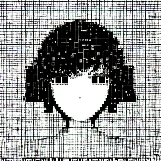 Image similar to anime girl in ascii art style, terminal text, contrasting colors