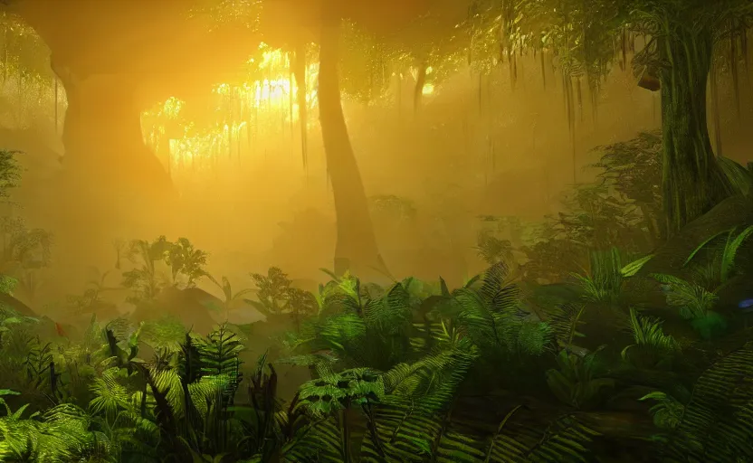 Image similar to a beautiful render of a dark prehistoric cloud forest, lush flora, patches of yellow - orange sky, dark green leaves, intricate detail, god rays, hazy, humid, volumetric lighting, 8 k, photorealistic, raytracing effects, unreal engine 5