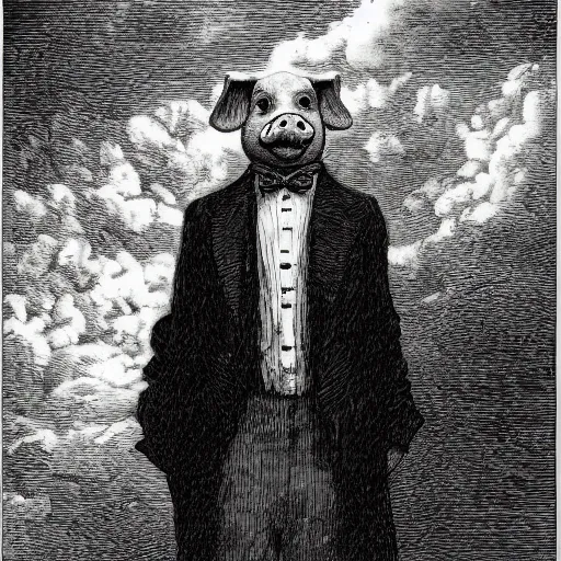 Prompt: a pig in a tuxedo, creepy atmosphere, outside, clouds, dark, portrait, realistic, very realistic, illustration by Gustave Doré