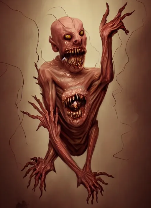 Image similar to creepy pale moster with incredibly long fingers, very long arms, scary smile, translucent slimy skin, wet, veiny, dramatic lighting, highly stylized, trending on artstation