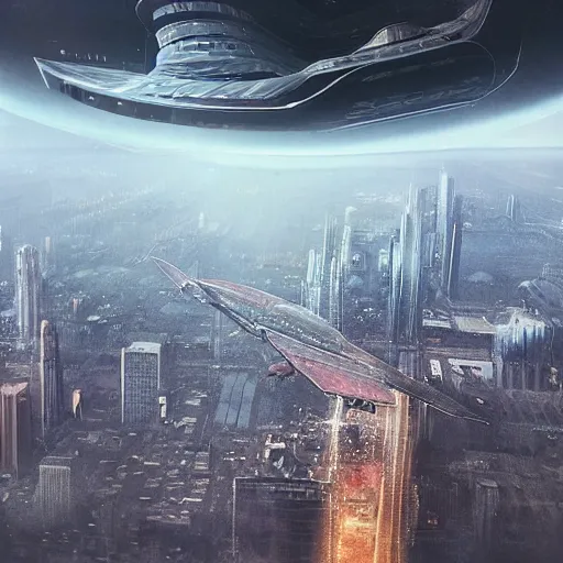 Image similar to a 1960s photograph of a giant spaceship flying over a city, dramatic lighting, cinematic, establishing shot, extremely high detail, foto realistic, cinematic lighting, post processed, concept art, high details, cinematic, 8k resolution, beautiful detailed, photorealistic, digital painting, artstation, concept art, smooth, sharp focus, artstation trending, octane render, unreal engine