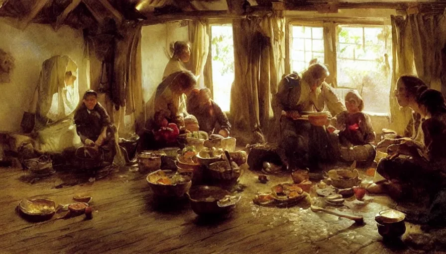 Image similar to simple villager family about to eat a meal together in their beautiful simple cottage home, art by anders zorn, wonderful masterpiece by greg rutkowski, beautiful cinematic light, american romanticism thomas lawrence, greg rutkowski