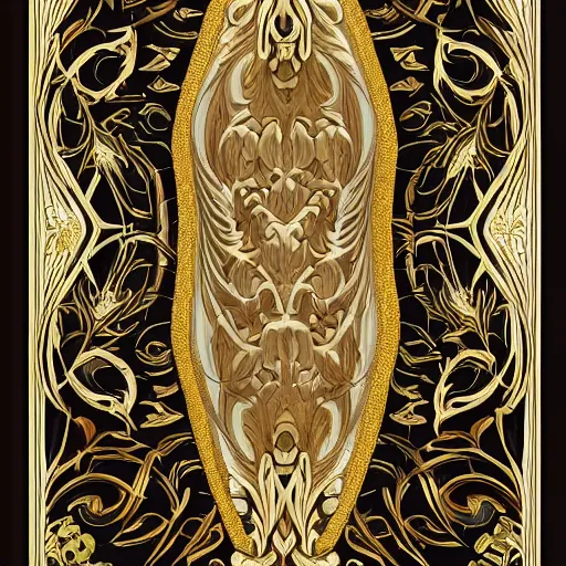 Prompt: a beautiful pattern made of ivory and gold, highly intricate, digital art, very detailed, in the style of a weird and dark eerie liminal art nouveau flemish painting, 8k,