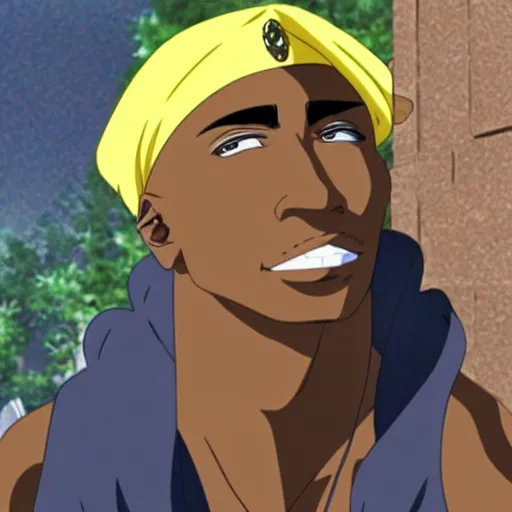 Image similar to Tupac Shakur, screenshot from a 2012s anime