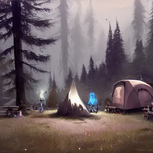 Prompt: a eerie campground surrounded by ghosts, craig mullins
