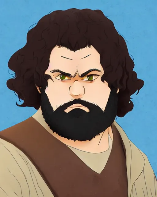 Image similar to Rubeus Hagrid in anime style, portrait of fantasy man, detailed realistic beautiful, lofi colors, smooth, artistic, mellow and soft, sharpen high quality, in style of Ghibli
