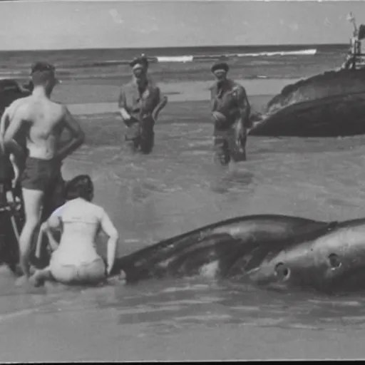 Image similar to 1940s photo, long shot, 5 soldiers looking at a huge creature washed up on a beach