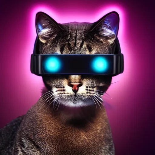 Prompt: a cat wearing a vr headset, synthwave, rgb