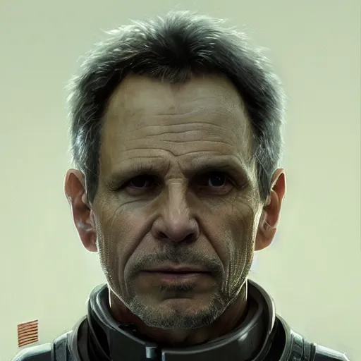 Image similar to portrait of a man by greg rutkowski, michael biehn as an space security officer, he is about 6 0 years old, military composure, wearing the tactical gear of weyland company, highly detailed portrait, digital painting, artstation, concept art, smooth, sharp foccus ilustration, artstation hq