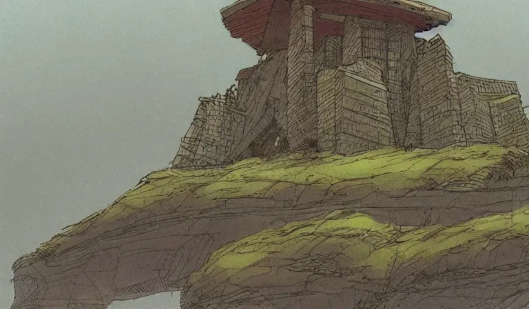 Prompt: A serene landscape with a singular building in the style of Enki Bilal and Moebius and Simon Bisley.