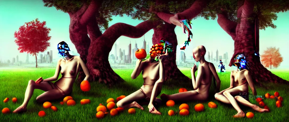 Prompt: minimalist hyperdetailed photorealistic cyborgs under a big tree, eating interesting elaborate fruits, with simple clothing. in the style of Caravaggio and Paul Gauguin, with liberty cyberpunk and flemish baroque mixed media elements. beautiful! hyperrealistic soft pastel tones. matte background HD 8x